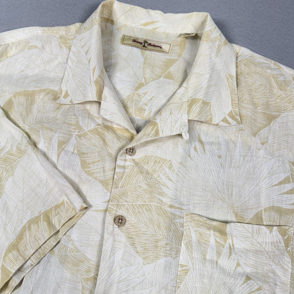 Tommy Linen Camp Shirt Men's Large Hawaiian Floral Cruise Resort Gold‎ Cream